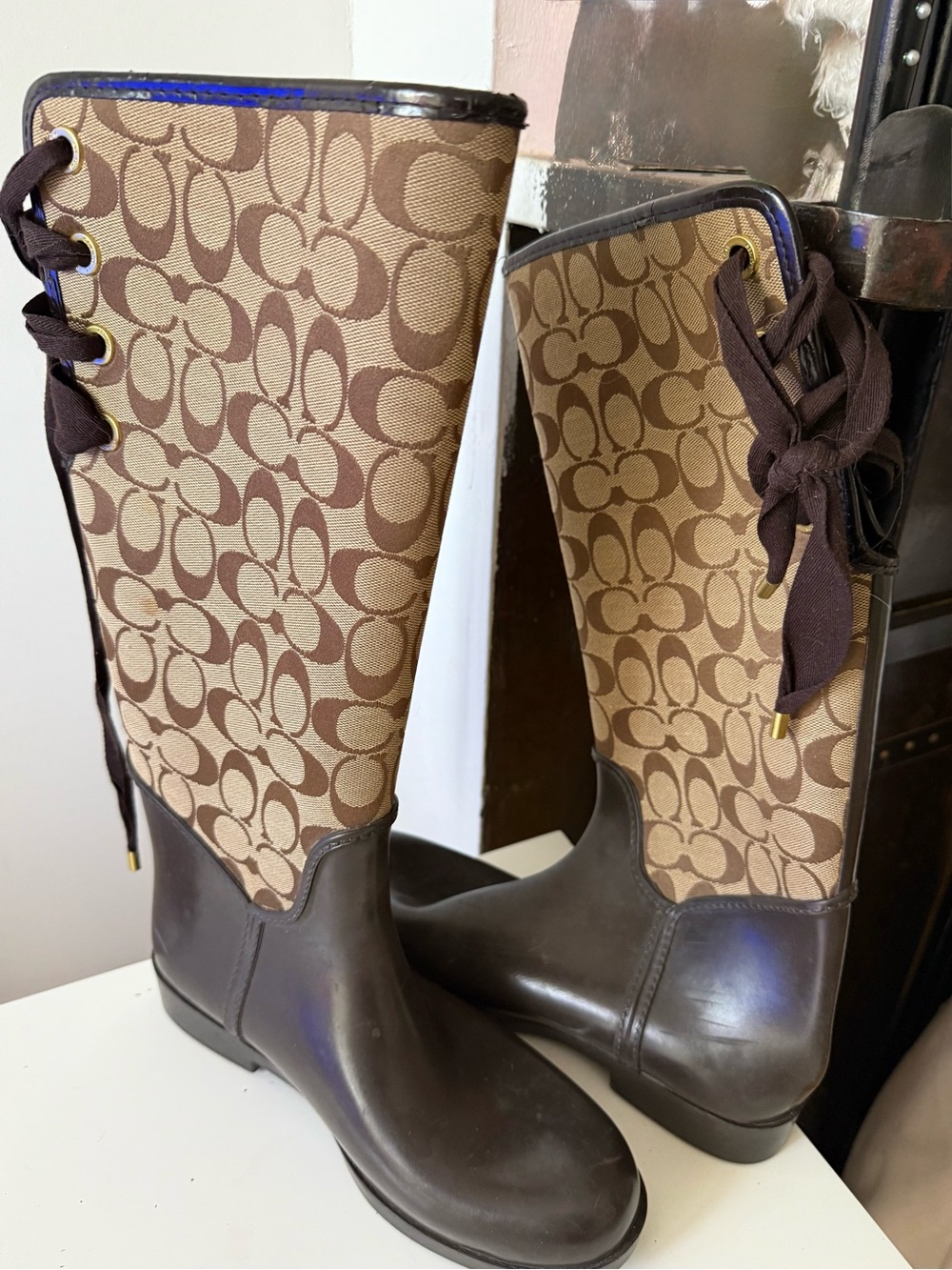 Women's knee-high lace-up branded rain boots